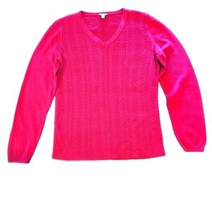 TALBOTS WOMEN'S BRIGHT BARBIE PINK CABLE KNIT V-NECKLINE PULLOVER SWEATER SIZE M